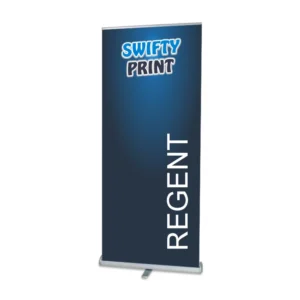 Regent Retractable Banner with blue graphic with Swifty Print logo