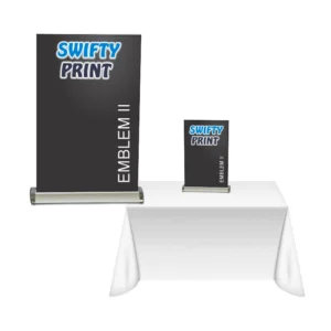 Emblem II tabletop retractable banner featuring a printed black graphic with the Swifty Print logo.