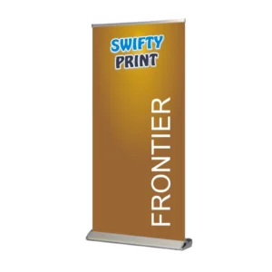 Frontier Retractable Banner with gold printed graphic with Swifty Print Logo